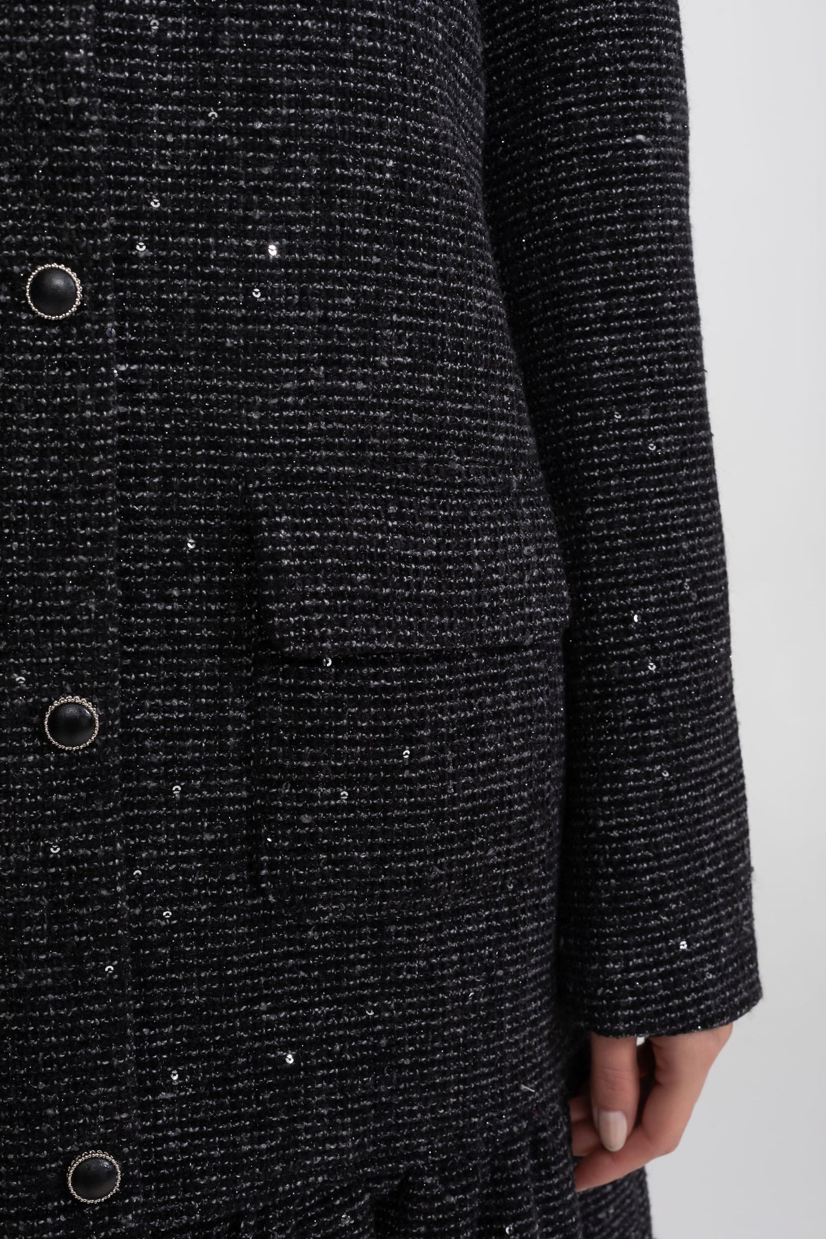 Sequin Tweed Contrast Collar Long Sleeve Button Front Ruffle Hem Mini Dress 5