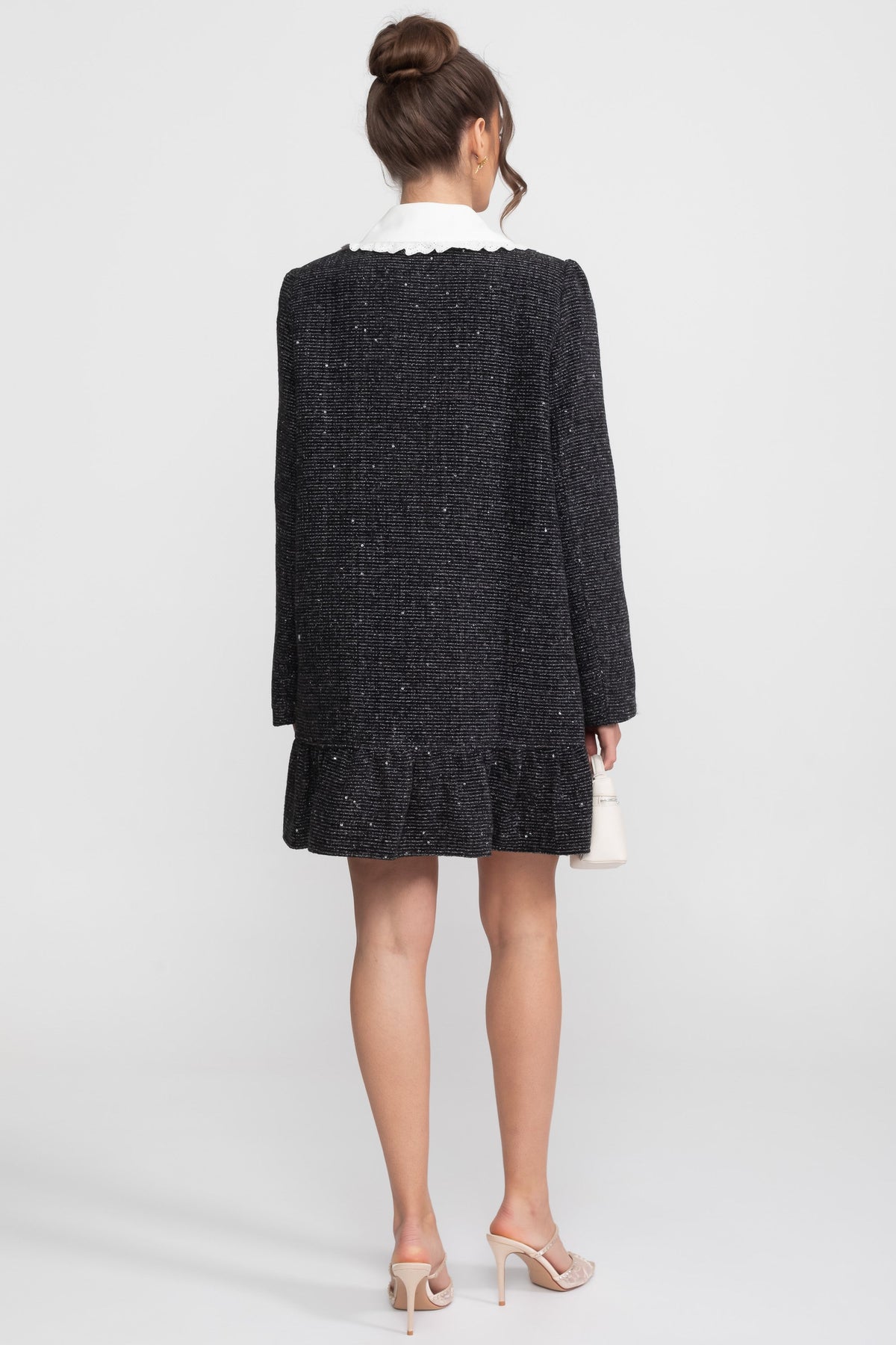 Sequin Tweed Contrast Collar Long Sleeve Button Front Ruffle Hem Mini Dress 7