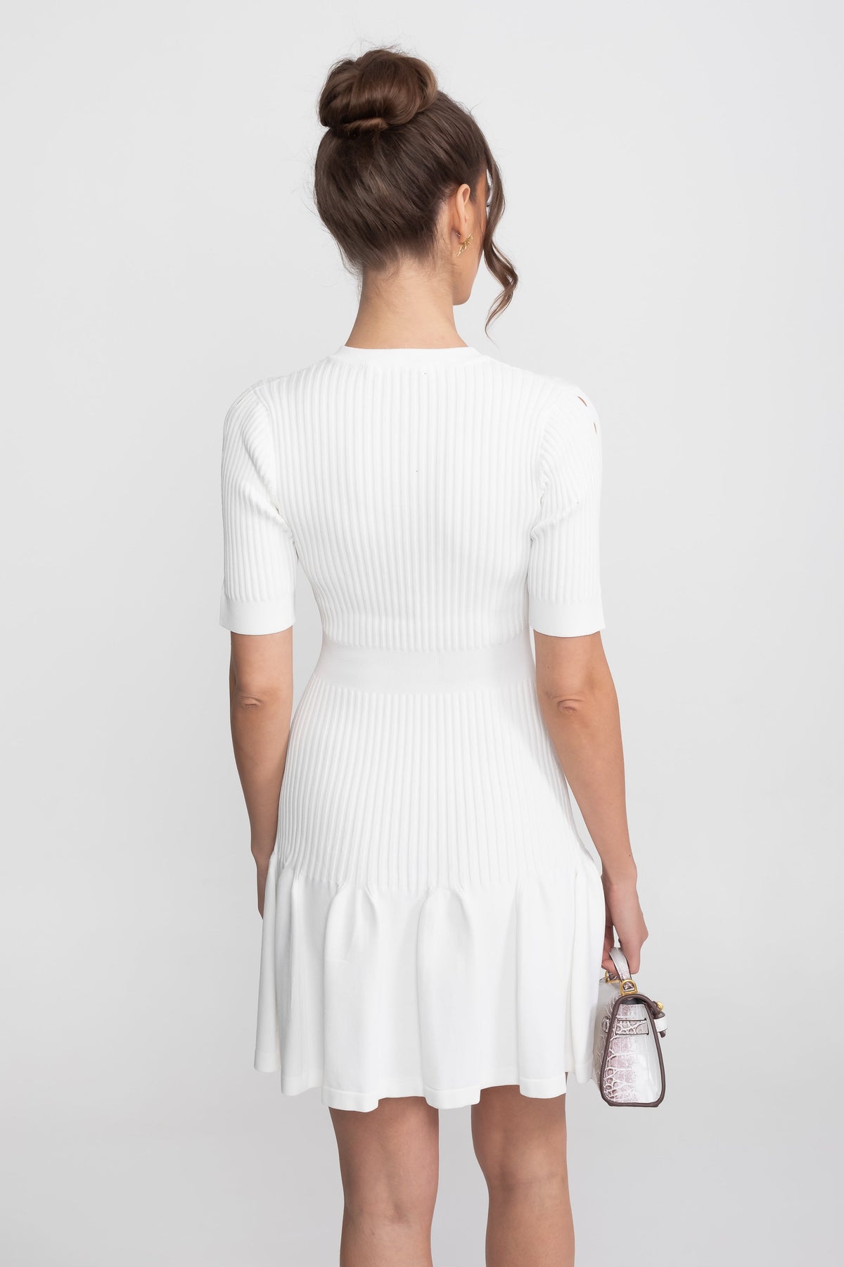 Ribbed Knit Keyhole Neck Short Sleeve Flounce Hem Mini Dress 9