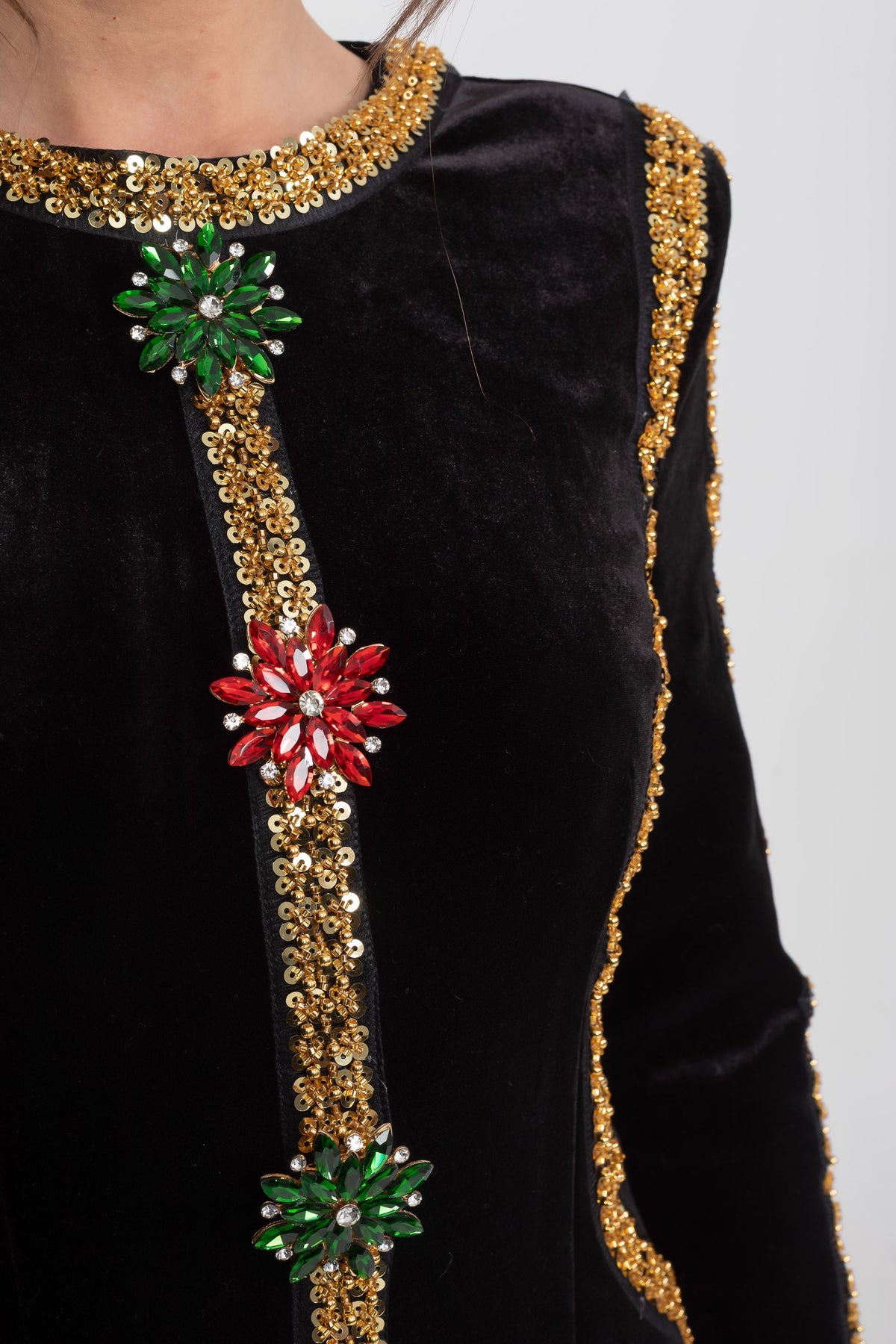 Velvet Long Sleeve Sequin Trim Jewel Embellished High Split Maxi Gown 7