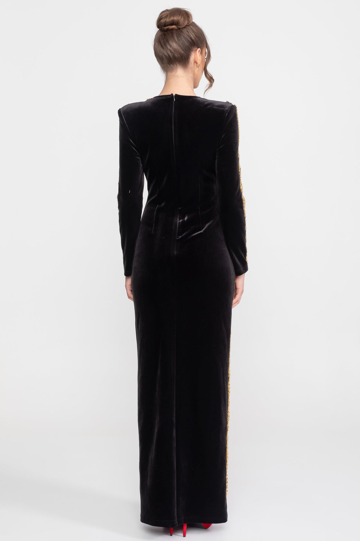 Velvet Long Sleeve Sequin Trim Jewel Embellished High Split Maxi Gown 5