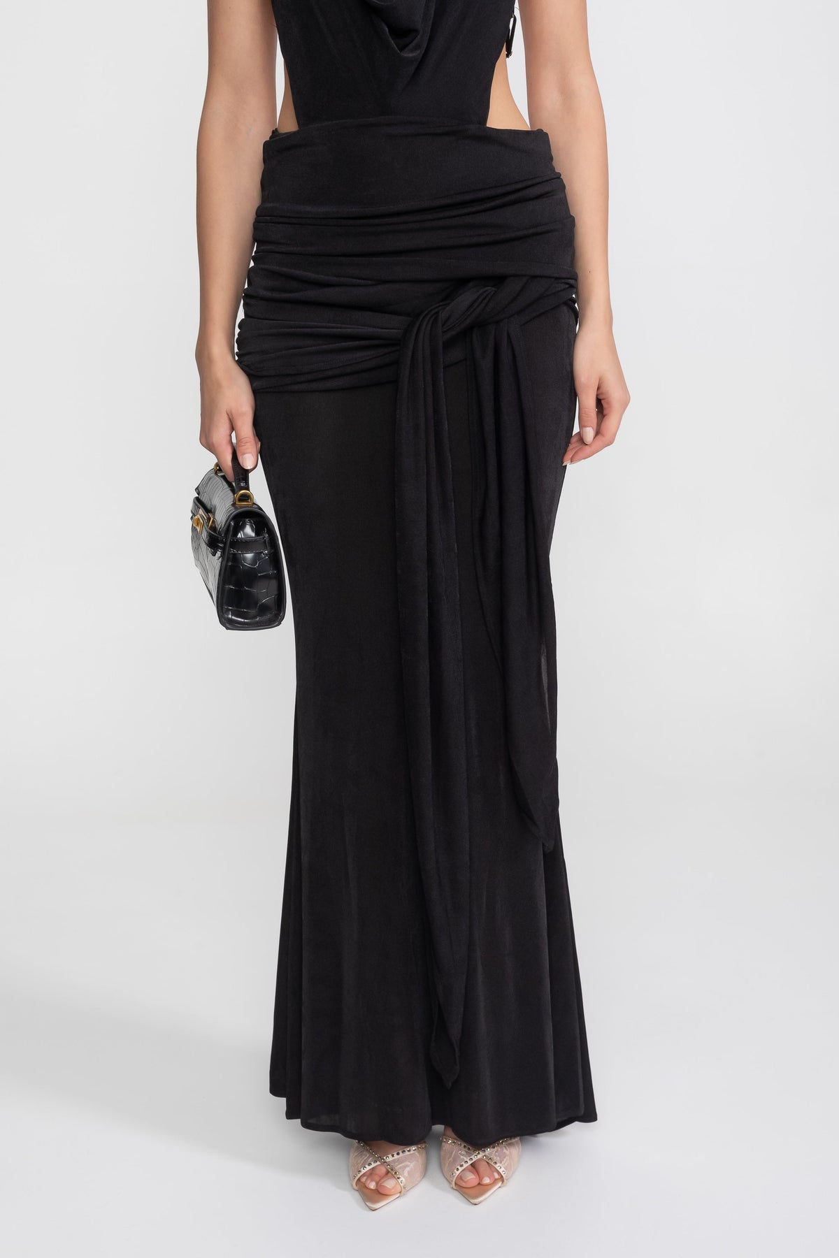 Draped Cowl Halter Neck Cut Out Tie Waist Maxi Dress 10