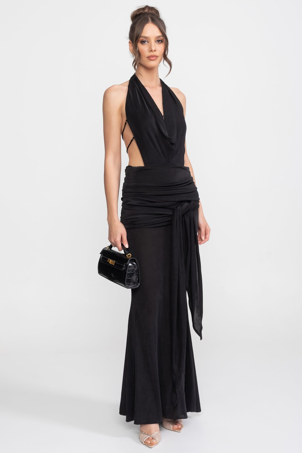 Draped Cowl Halter Neck Cut Out Tie Waist Maxi Dress 2