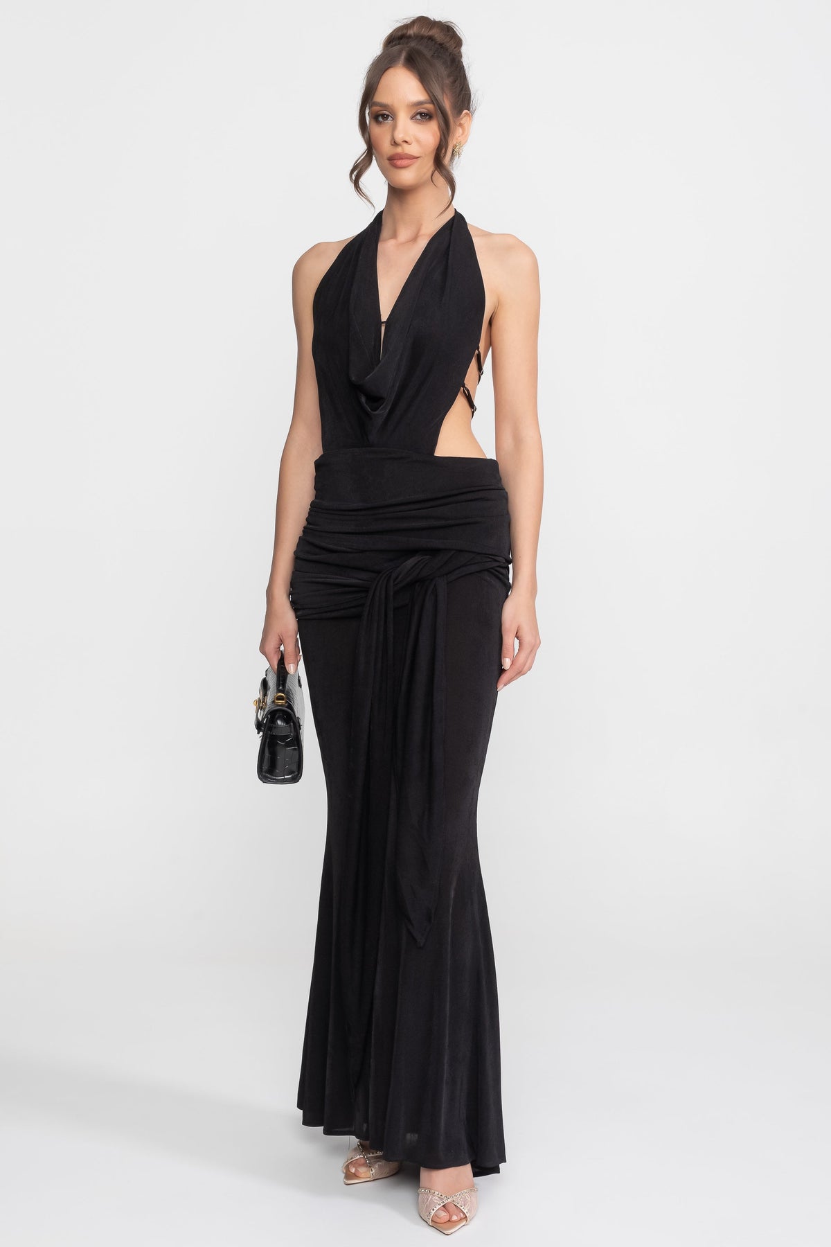 Draped Cowl Halter Neck Cut Out Tie Waist Maxi Dress 3