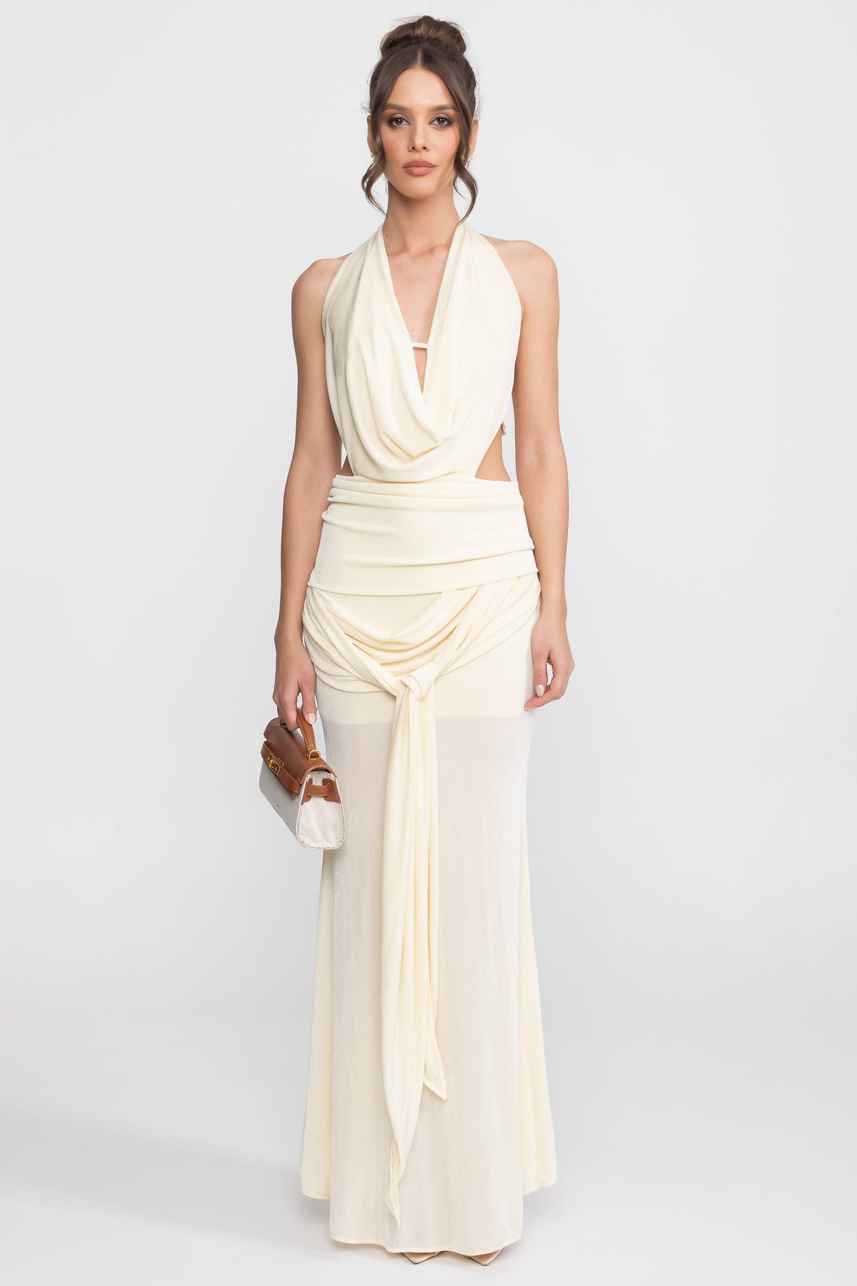 Draped Cowl Halter Neck Cut Out Tie Waist Maxi Dress 2