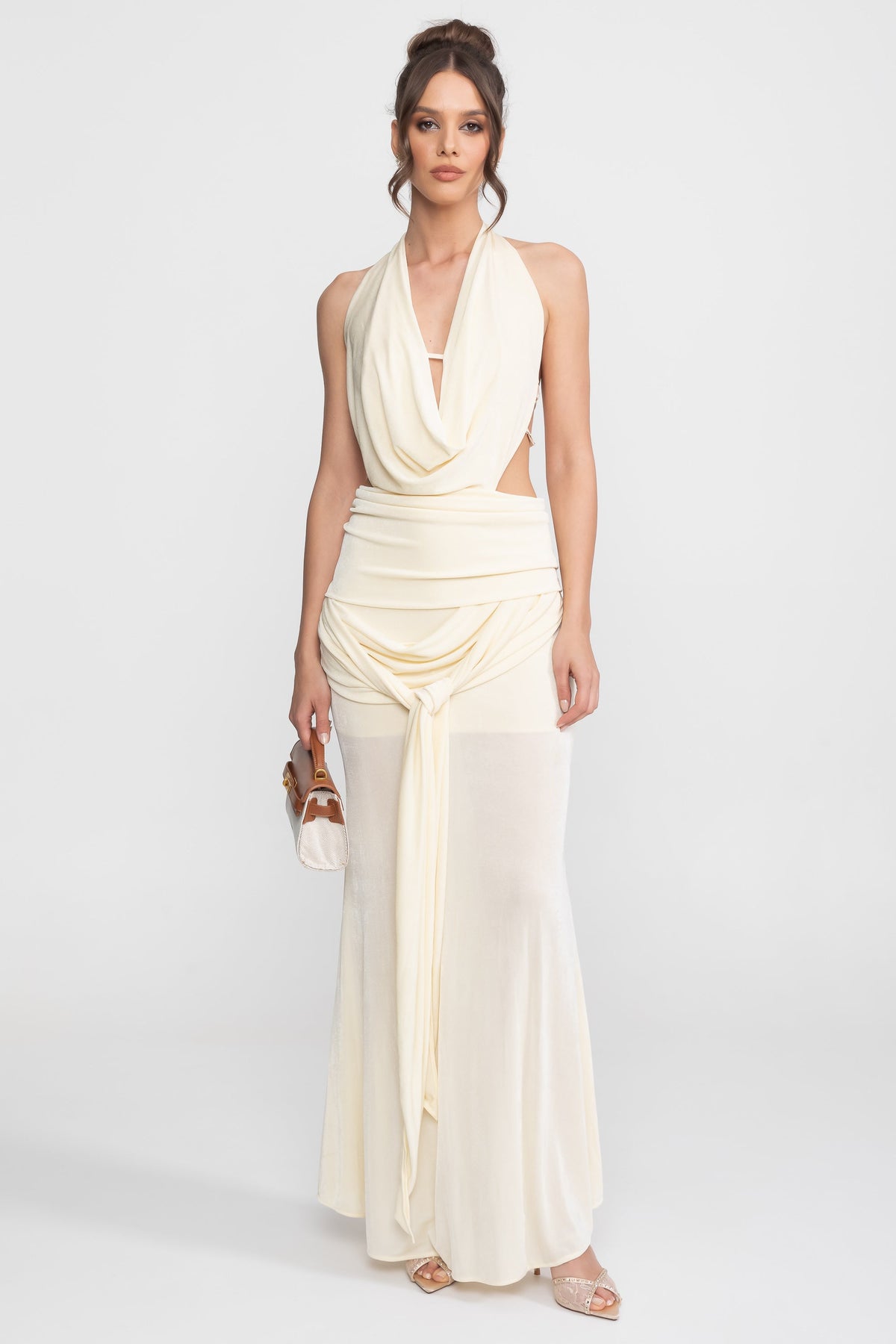 Draped Cowl Halter Neck Cut Out Tie Waist Maxi Dress