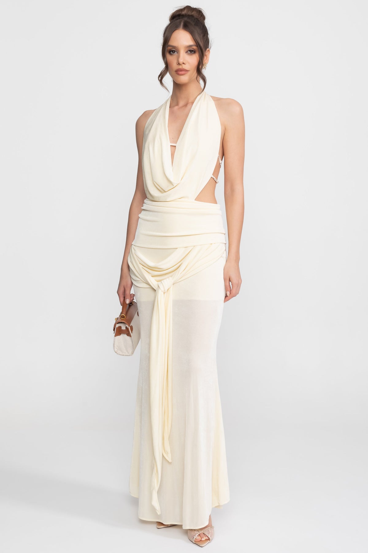 Draped Cowl Halter Neck Cut Out Tie Waist Maxi Dress 4