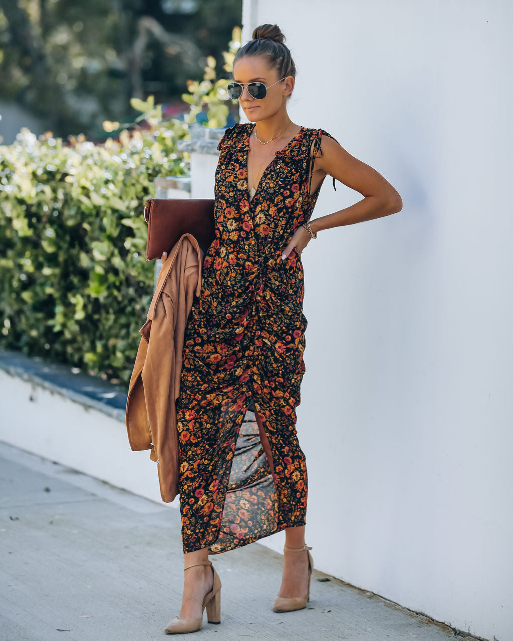 Born To Run Floral Ruched Midi Dress
