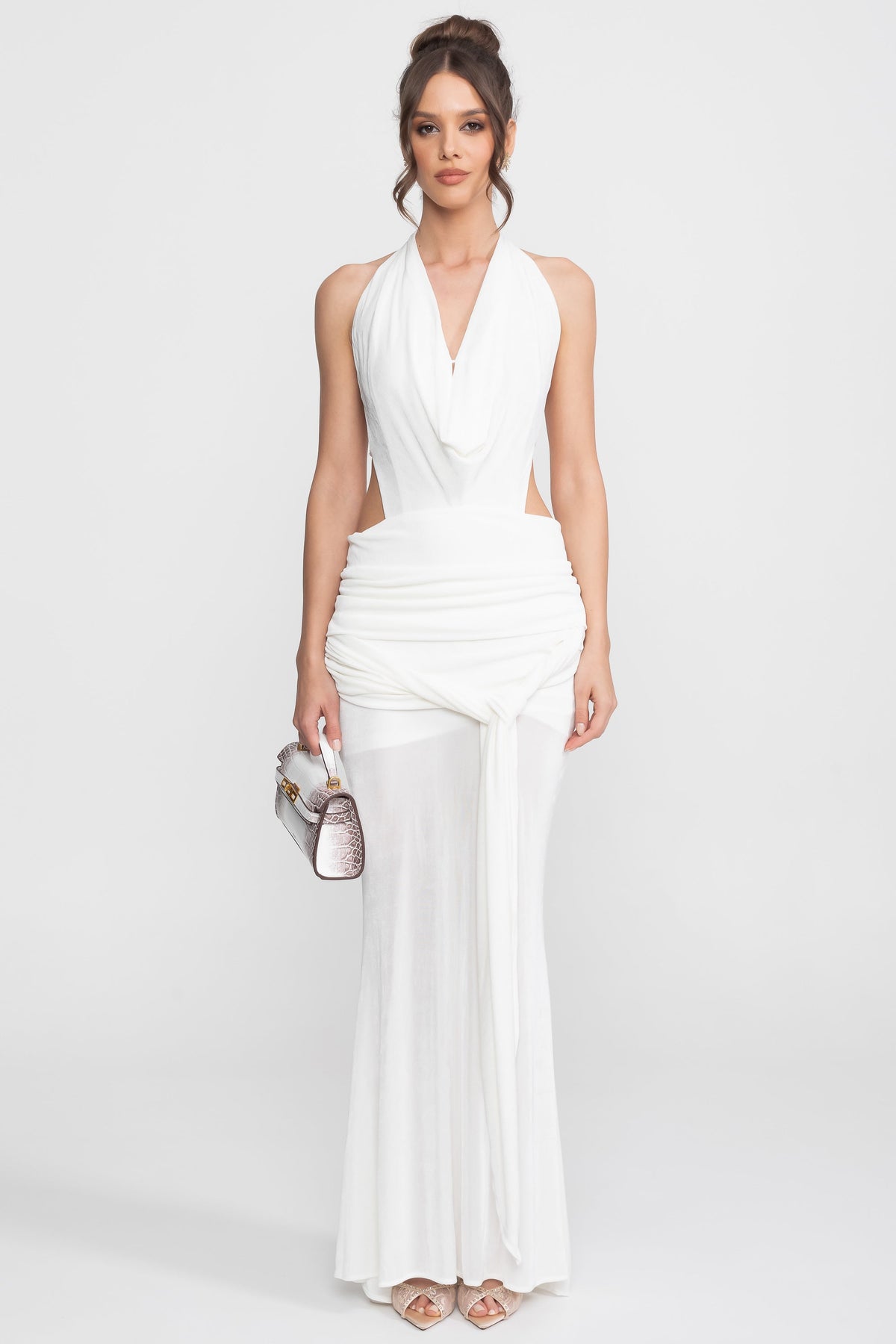 Draped Cowl Halter Neck Cut Out Tie Waist Maxi Dress