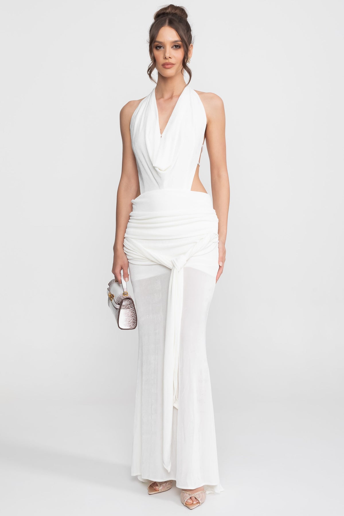 Draped Cowl Halter Neck Cut Out Tie Waist Maxi Dress 10