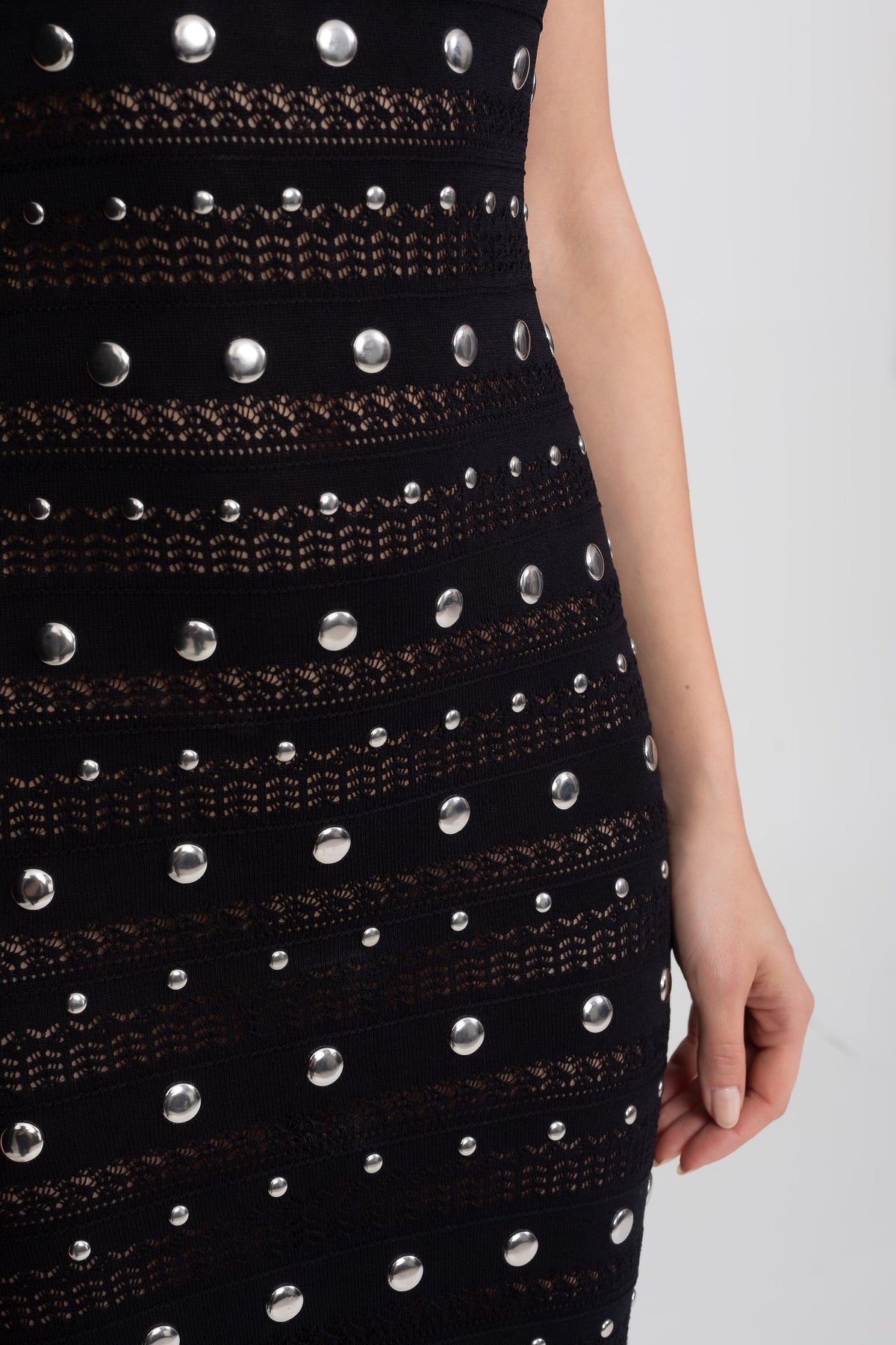 Studded Open Knit Sleeveless High Neck Ruffle Hem Midi Dress 4