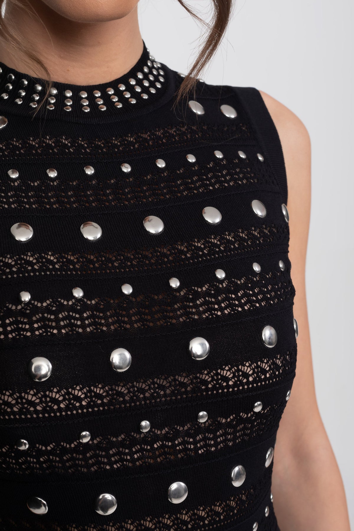 Studded Open Knit Sleeveless High Neck Ruffle Hem Midi Dress 5