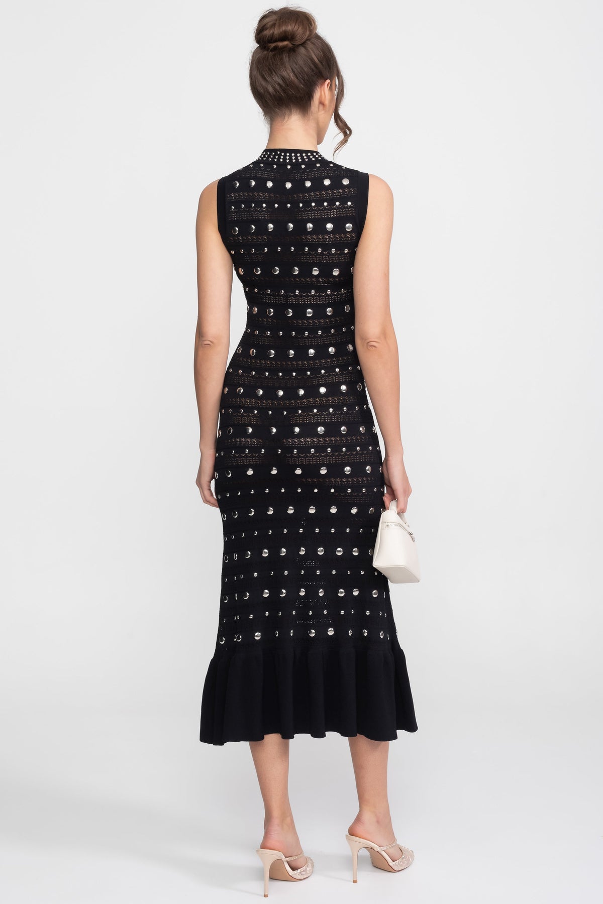 Studded Open Knit Sleeveless High Neck Ruffle Hem Midi Dress 6