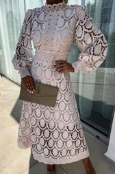 Lace High Neck Long Sleeve Midi Dress 2