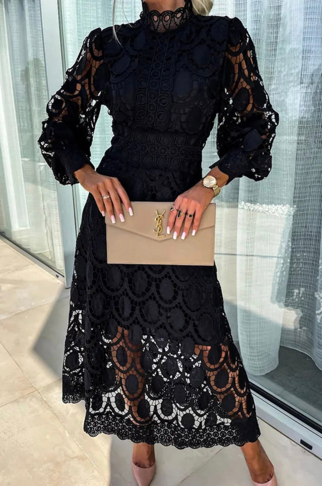 Lace High Neck Long Sleeve Midi Dress 3