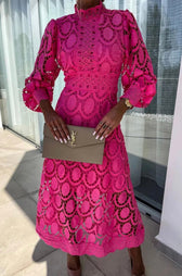 Lace High Neck Long Sleeve Midi Dress