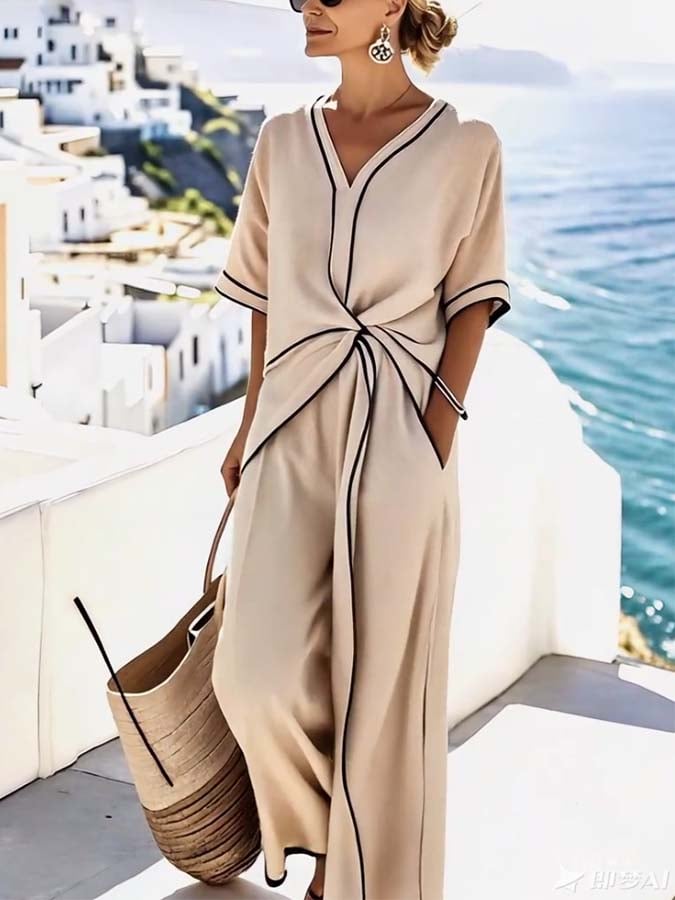 Contrast Trim Twist Front Top and Wide Leg Pants Two Piece Set