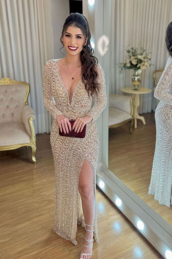 Luxurious Handmade Long Sleeves Evening Dress,Glam Dress cc861