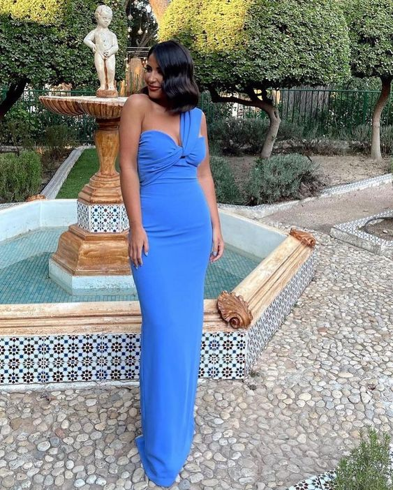 Charming One Shoulder Blue Sheath Evening Dress  cc763