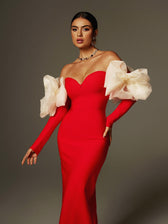 Off Shoulder Flower Bandage Maxi Dress In Red - View 3