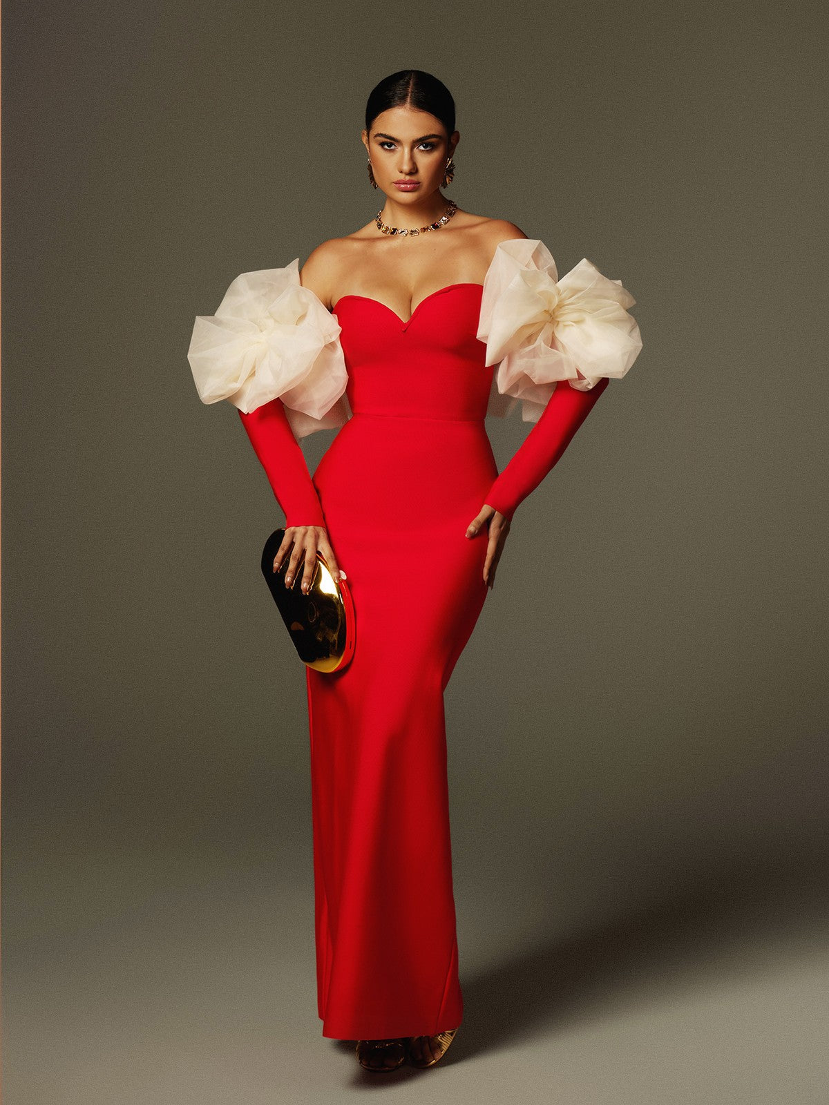 Off Shoulder Flower Bandage Maxi Dress In Red - View 2