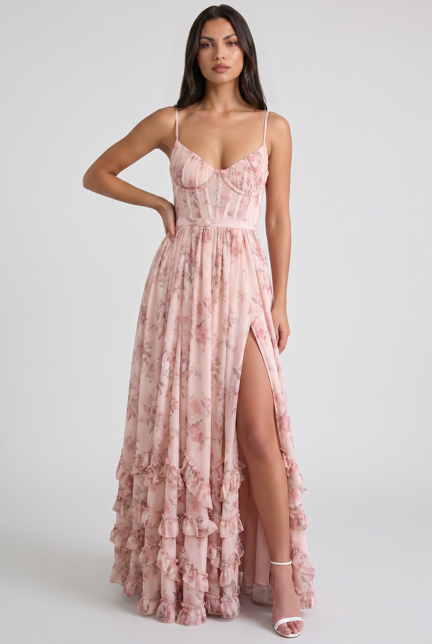 Floral Corset Spaghetti Strap High Split Maxi Dress 8