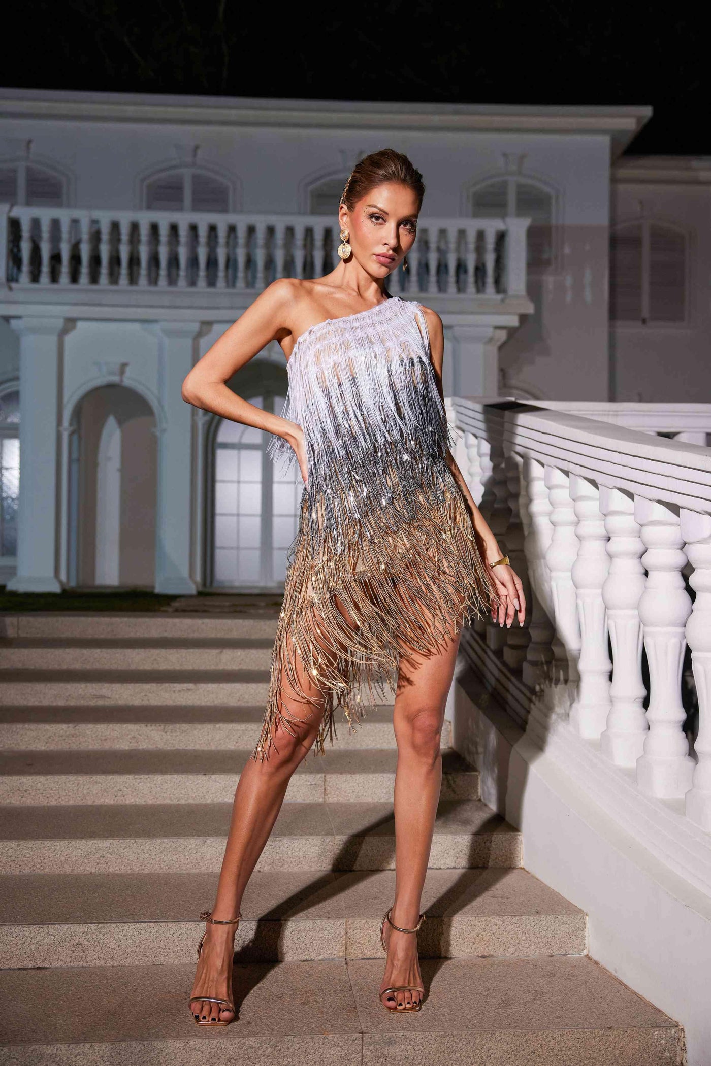 One Shoulder Fringe Sequin Dress - View 3