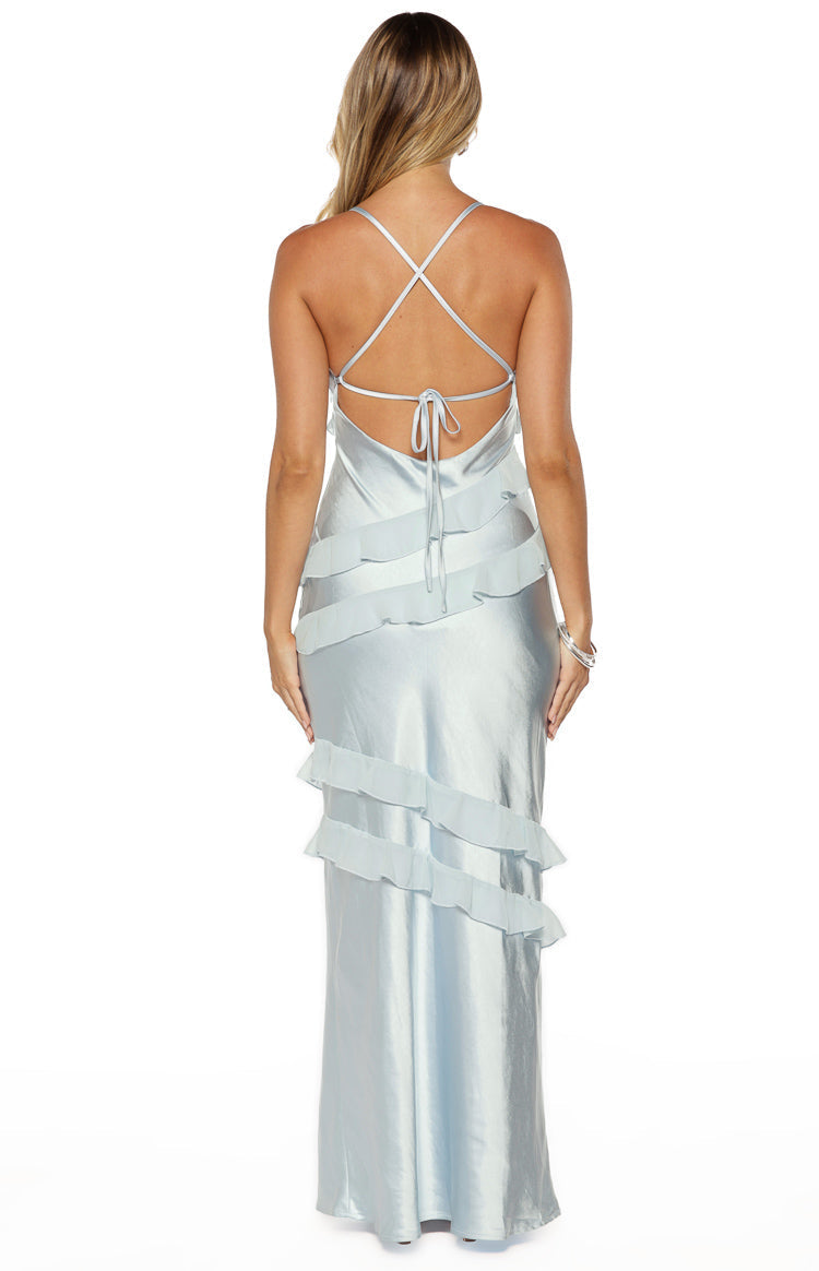 Satin V-Neck Spaghetti Strap Tiered Ruffle Maxi Prom Dress 5