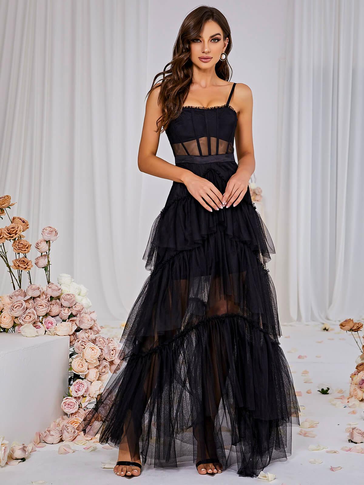 Inaya Mesh Maxi Dress In Black 3