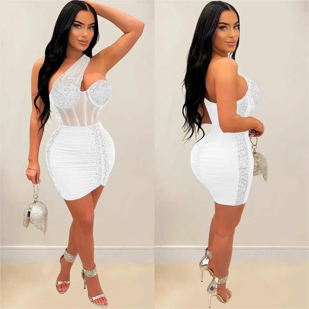 One Shoulder Rhinestone Corset Bustier Ruched Mesh Bodycon Mini Dress 5