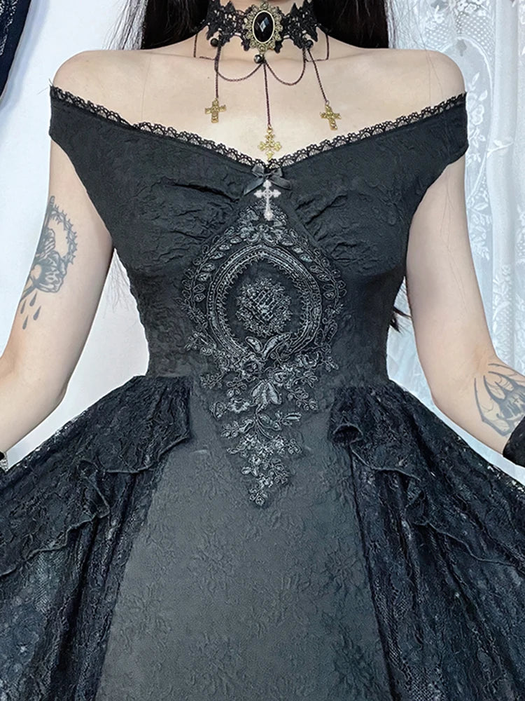 Lace Off Shoulder High Low A-Line Gothic Mini Dress