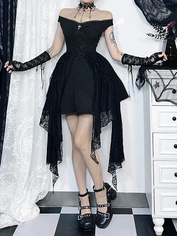 Lace Off Shoulder High Low A-Line Gothic Mini Dress