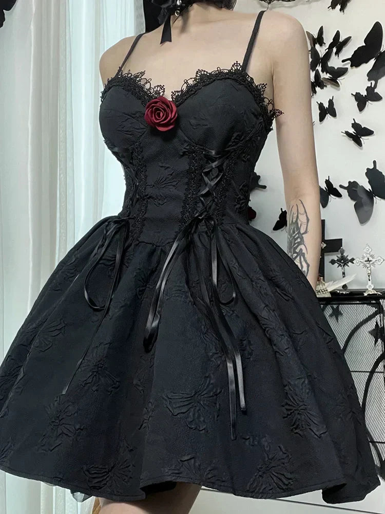 Goth Print Rose Lace Up A Line Fairy Grunge Backless V Neck Summer Party Dress 2