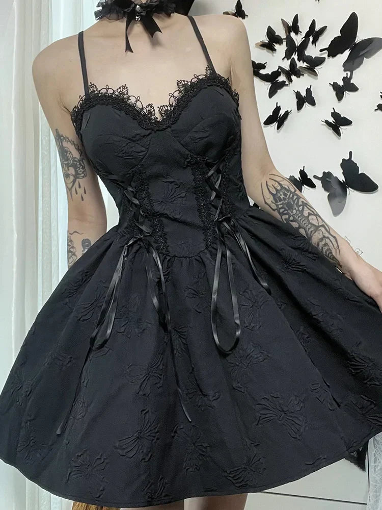 Goth Print Rose Lace Up A Line Fairy Grunge Backless V Neck Summer Party Dress 5