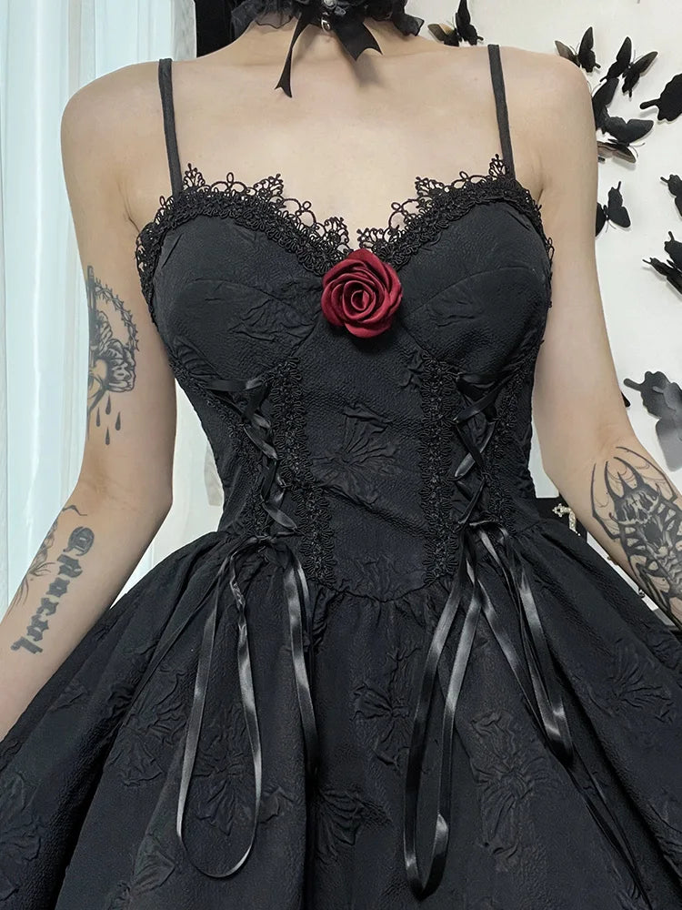 Goth Print Rose Lace Up A Line Fairy Grunge Backless V Neck Summer Party Dress 3