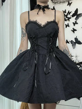 Goth Print Rose Lace Up A Line Fairy Grunge Backless V Neck Summer Party Dress 4