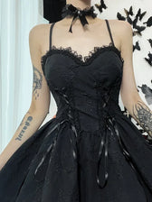 Goth Print Rose Lace Up A Line Fairy Grunge Backless V Neck Summer Party Dress 6