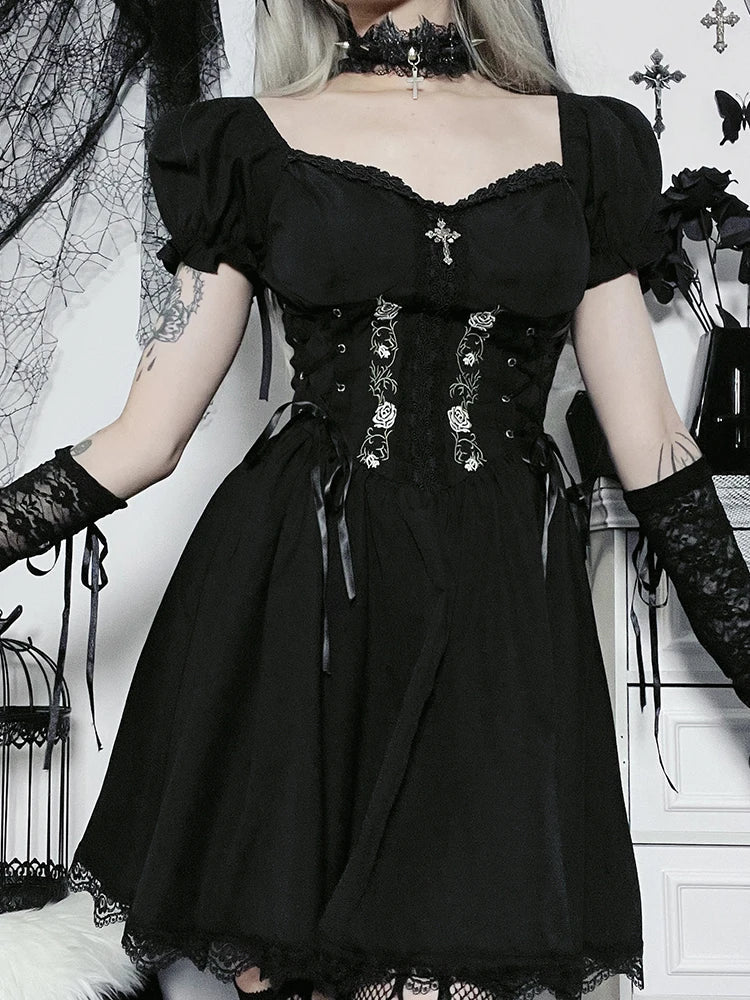 ALine Pleated Hem Swing Harajuku Summer Lolita Lace Trim Y2K Retro Grunge Streetwear Dress
