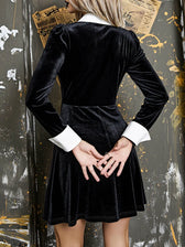 Contrast Collar A-Line Vintage Velvet Long Sleeve Aesthetic Goth Retro Flare Skater Dress 6