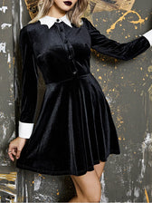 Contrast Collar A-Line Vintage Velvet Long Sleeve Aesthetic Goth Retro Flare Skater Dress 5