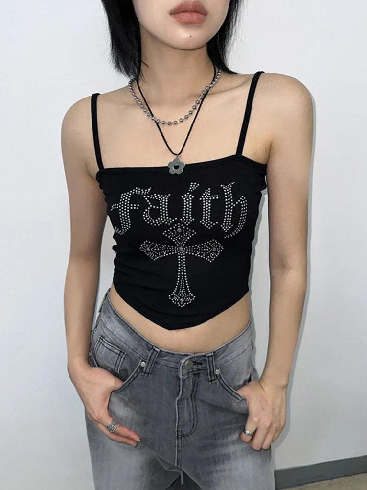 Gothic Cross Hot Rhinestone Vintage Spaghetti Straps Corset Y2K Street Grunge Crop Top