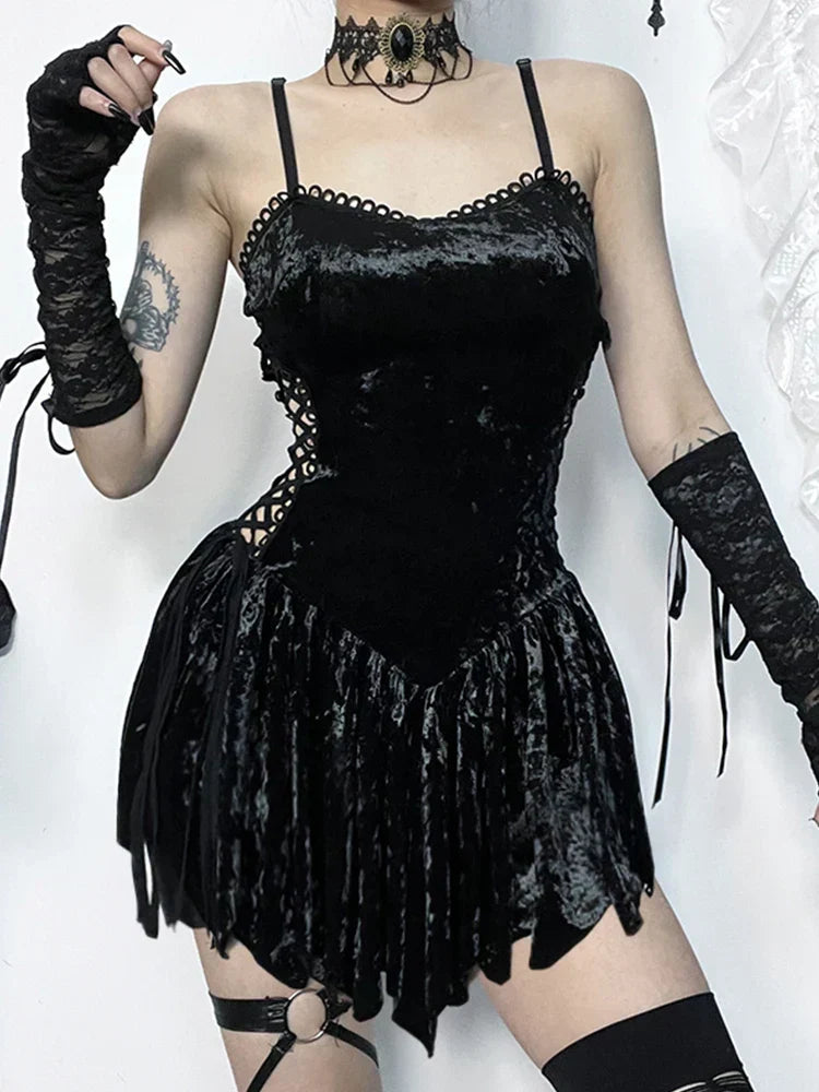 Velvet Lace Up Side Spaghetti Strap Asymmetric Hem Mini Dress 3