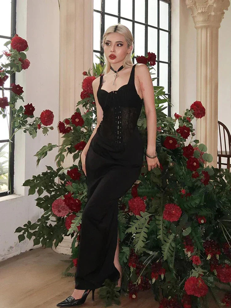 Sheer Lace Corset Bodice Lace Up Front Wide Strap Satin Skirt Dress 5