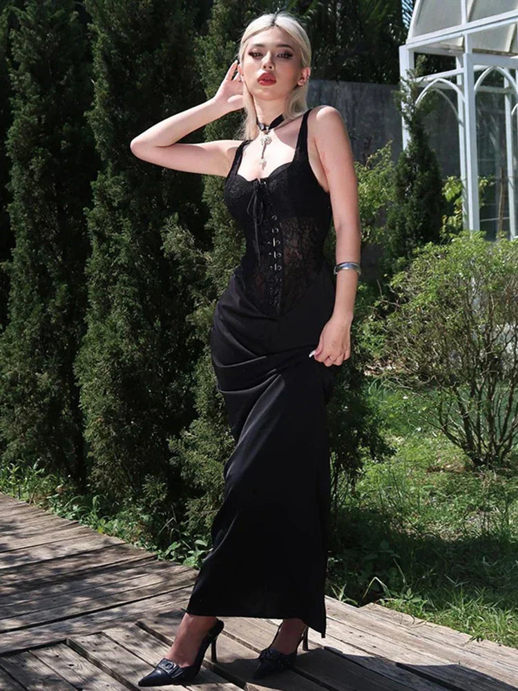 Sheer Lace Corset Bodice Lace Up Front Wide Strap Satin Skirt Dress 3