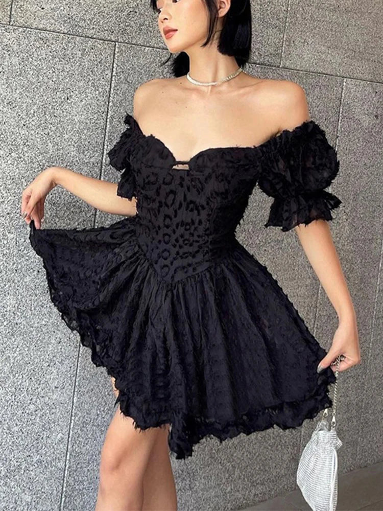 Leopard Off Shoulder Puff Sleeve Corset Ruffle Mini Dress