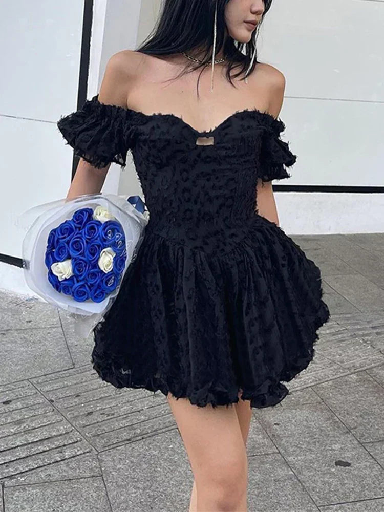 Leopard Off Shoulder Puff Sleeve Corset Ruffle Mini Dress