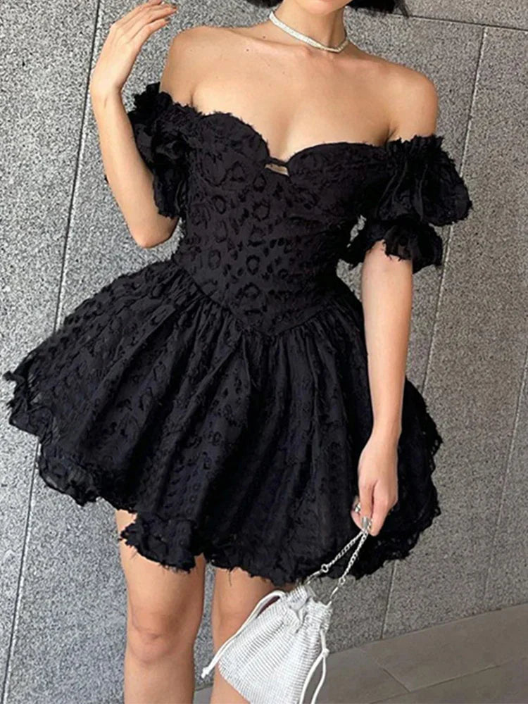 Leopard Off Shoulder Puff Sleeve Corset Ruffle Mini Dress