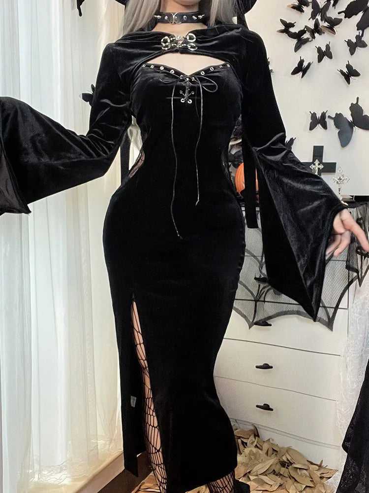 Long Dress Suit With Hat See Through Velvet Lace Cutout High Slit Long Sleeve Button Laceup Party Dress