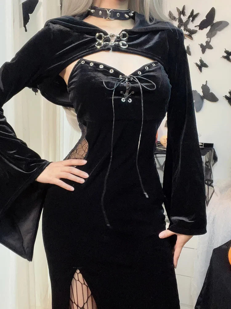 Long Dress Suit With Hat See Through Velvet Lace Cutout High Slit Long Sleeve Button Laceup Party Dress