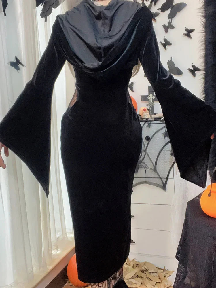 Long Dress Suit With Hat See Through Velvet Lace Cutout High Slit Long Sleeve Button Laceup Party Dress